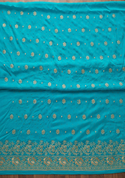 Turquoise Blue Zariwork Chanderi Designer Unstitched Salwar Suit - Koskii