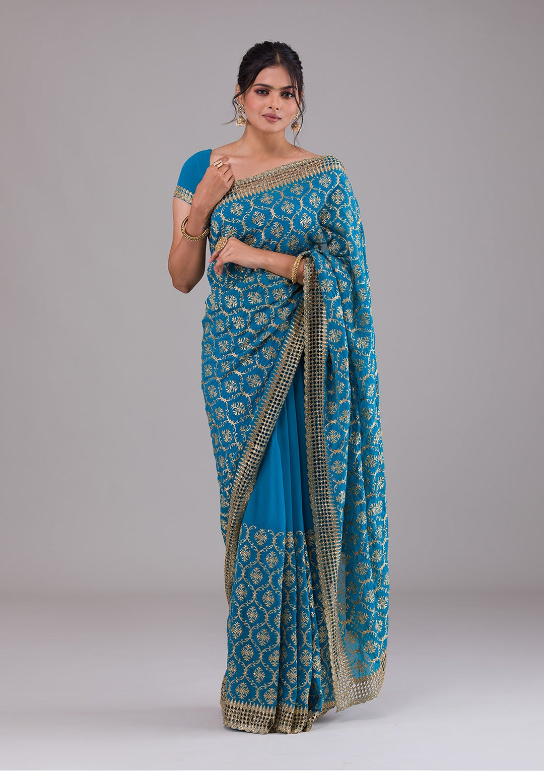 Turquoise Blue Zariwork Georgette Saree-Koskii