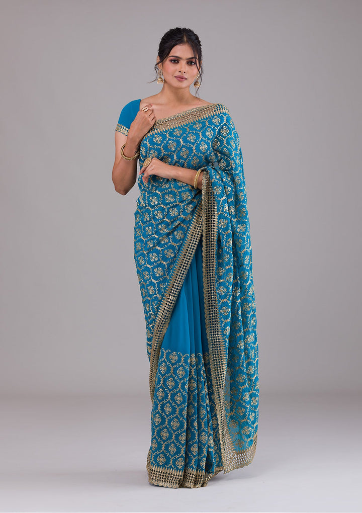 Turquoise Blue Zariwork Georgette Saree-Koskii