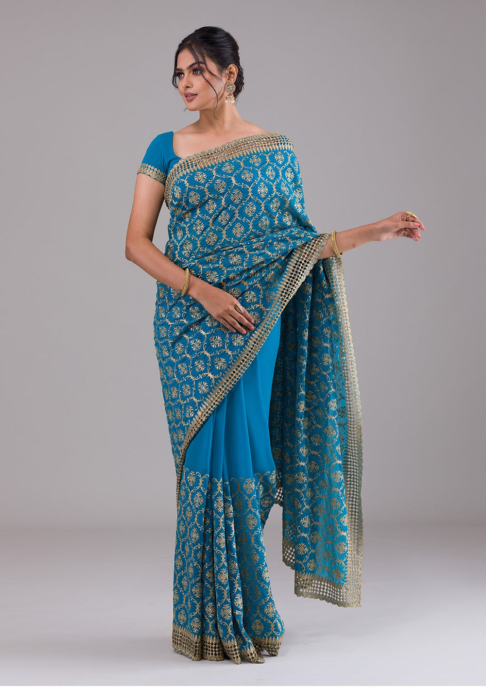 Turquoise Blue Zariwork Georgette Saree-Koskii