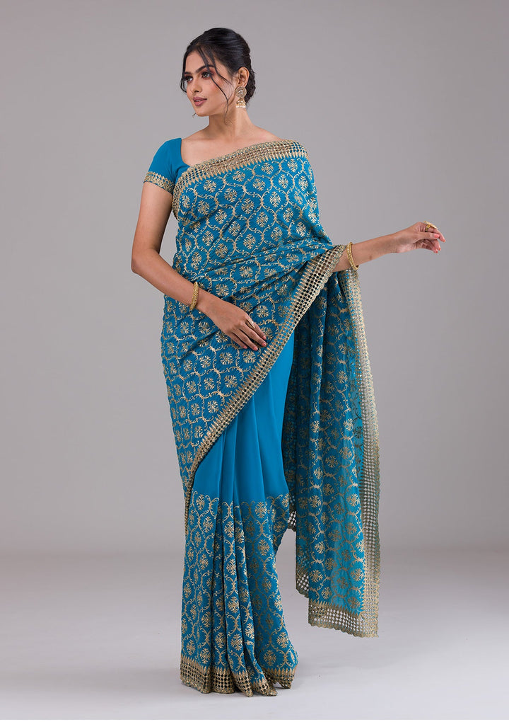 Turquoise Blue Zariwork Georgette Saree-Koskii