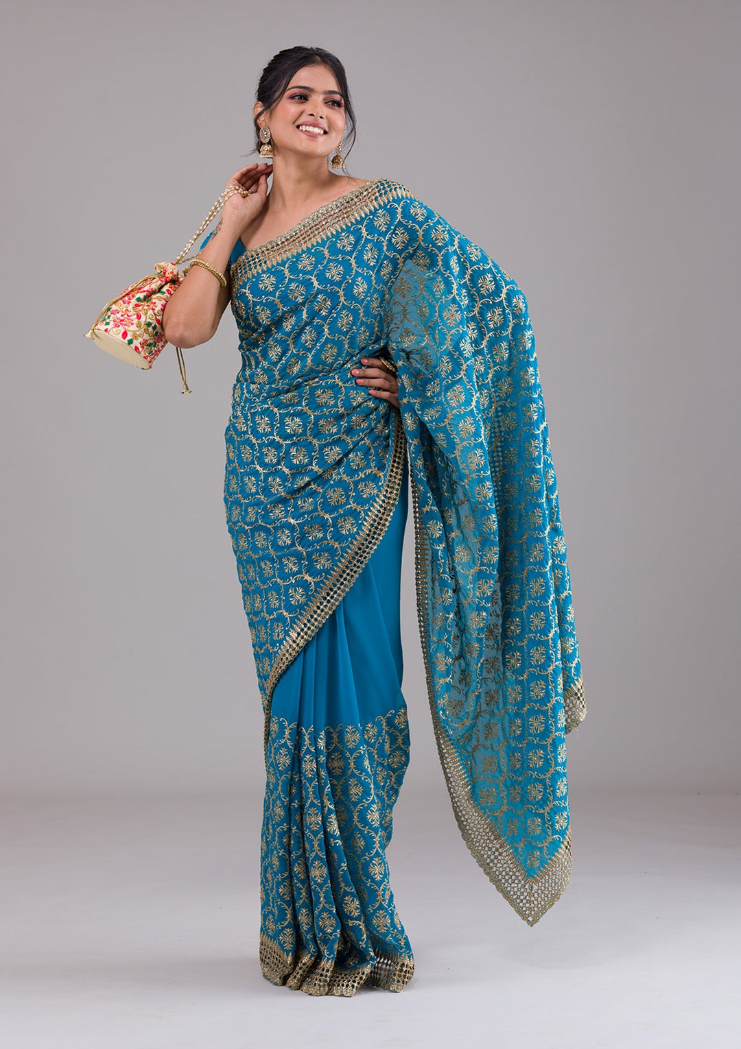 Turquoise Blue Zariwork Georgette Saree-Koskii
