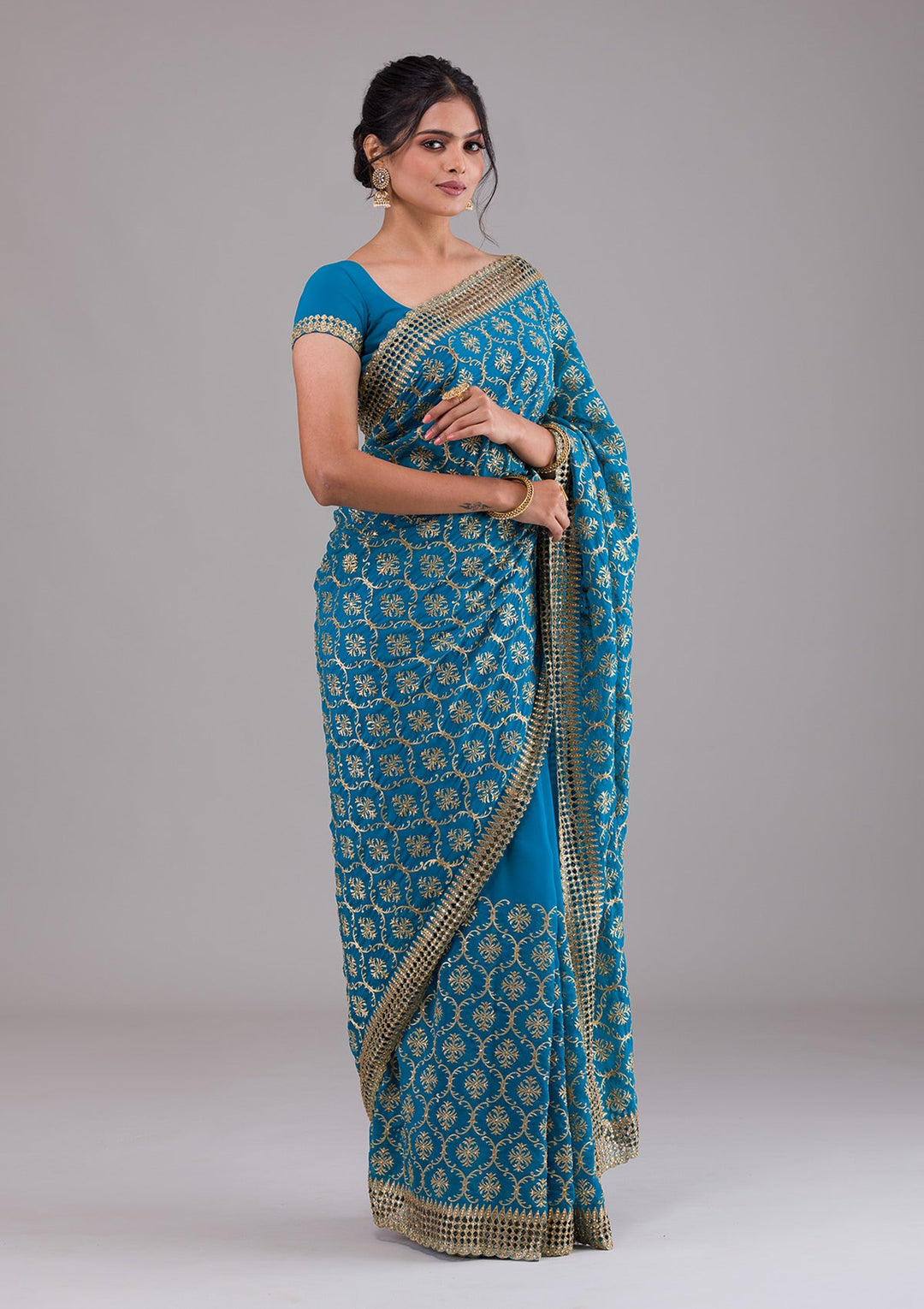 Turquoise Blue Zariwork Georgette Saree-Koskii