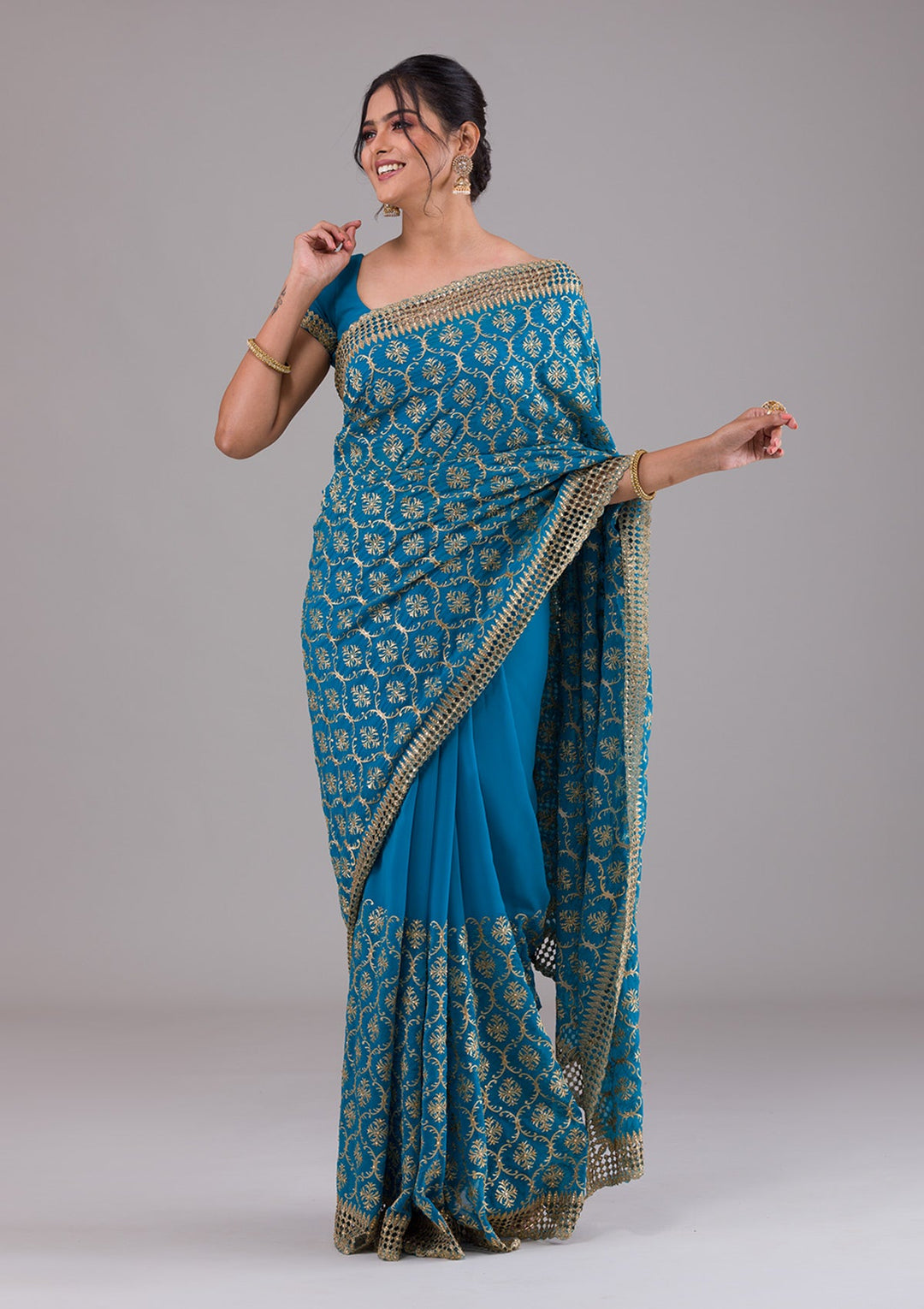 Turquoise Blue Zariwork Georgette Saree-Koskii