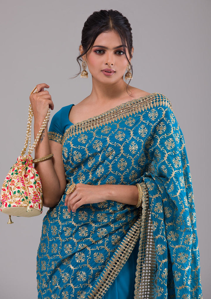 Turquoise Blue Zariwork Georgette Saree-Koskii