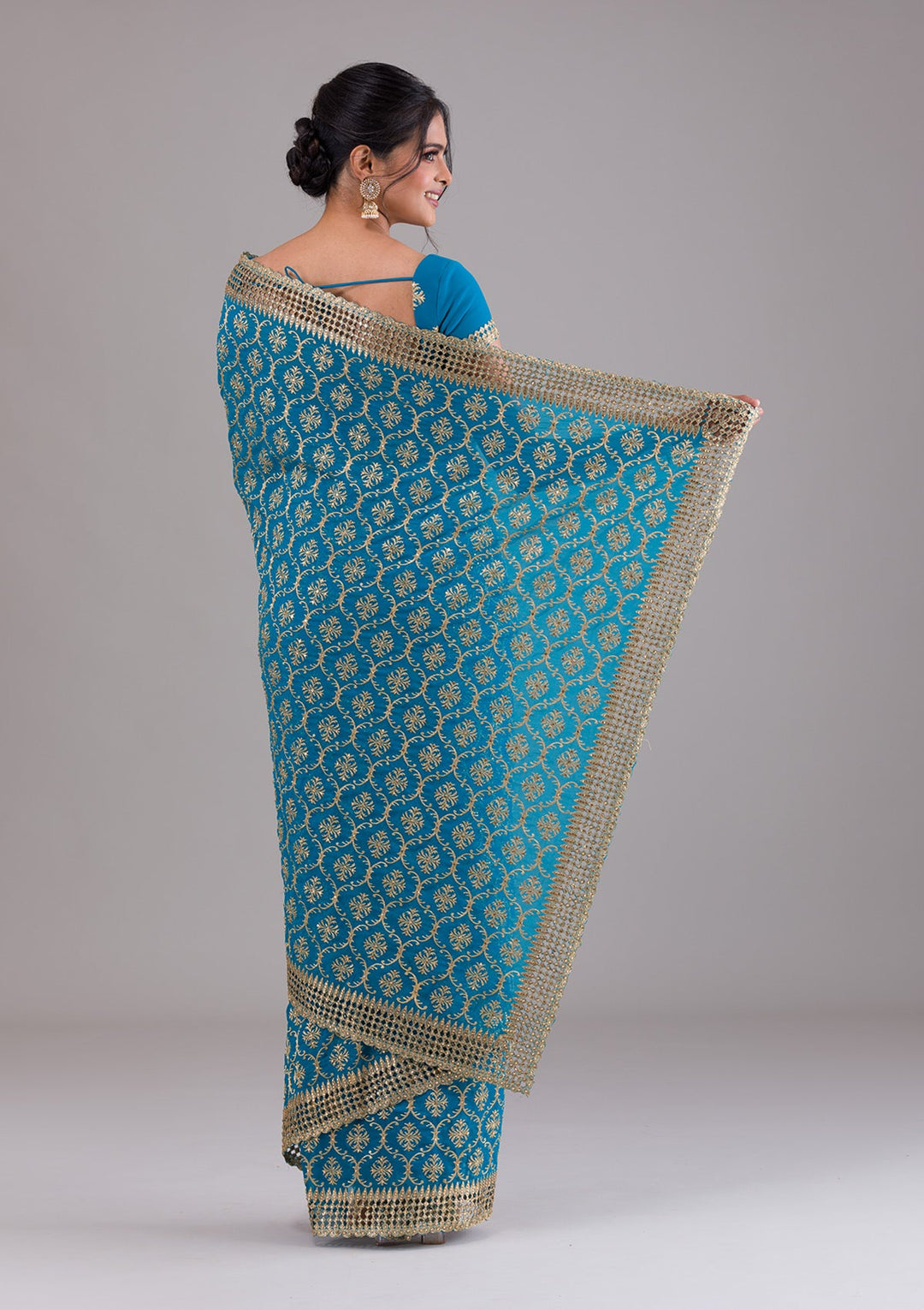 Turquoise Blue Zariwork Georgette Saree-Koskii