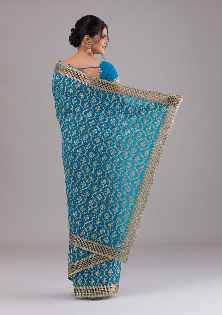 Turquoise Blue Zariwork Georgette Saree-Koskii