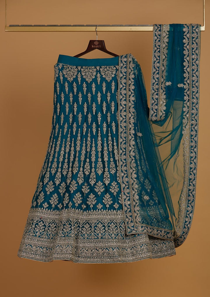 Turquoise Blue Zariwork Net Designer Semi-Stitched Lehenga - Koskii