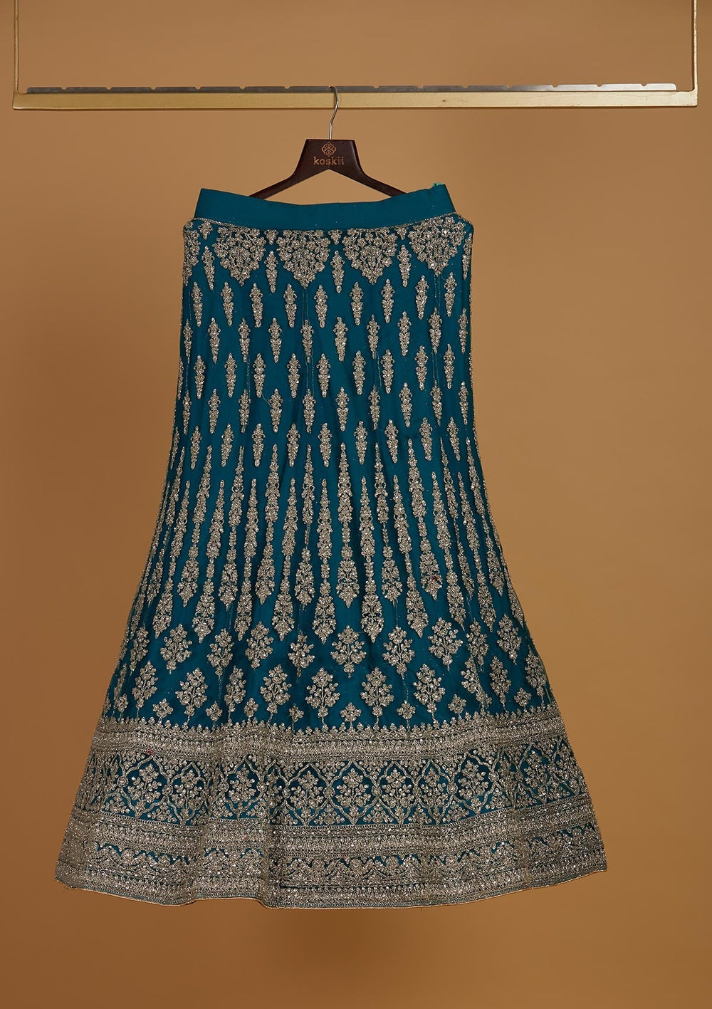 Turquoise Blue Zariwork Net Designer Semi-Stitched Lehenga - Koskii