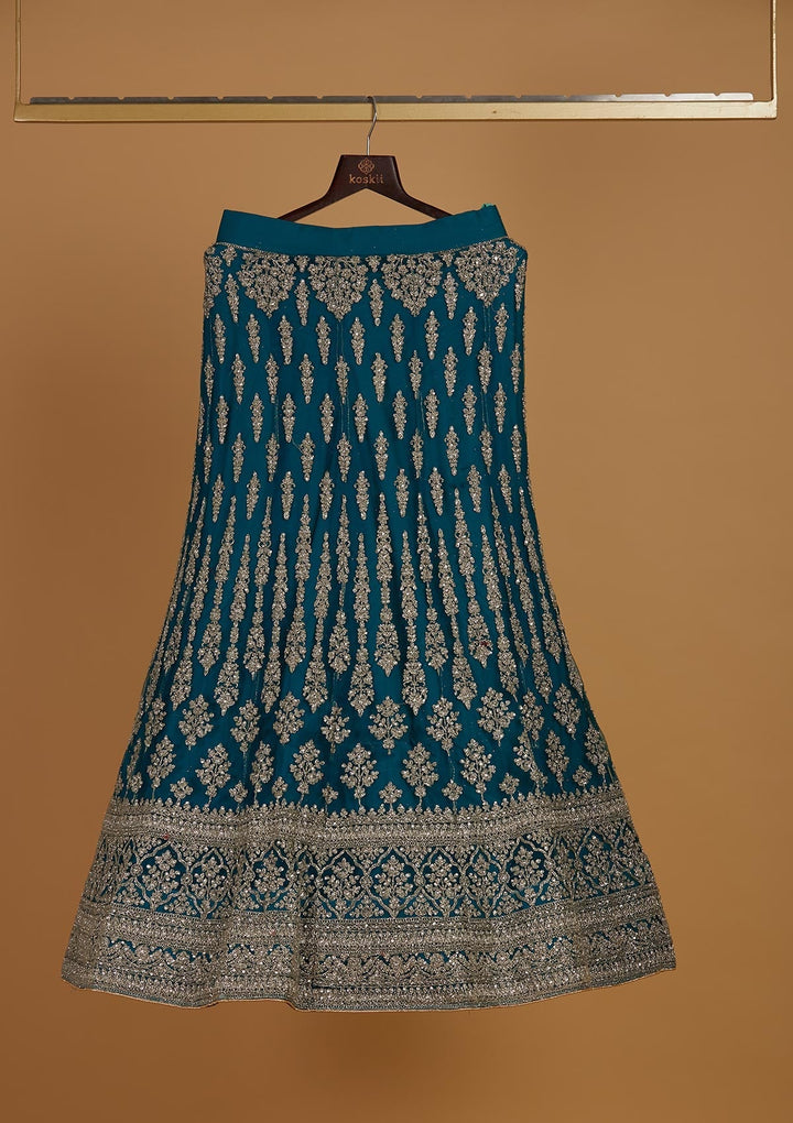 Turquoise Blue Zariwork Net Designer Semi-Stitched Lehenga - Koskii