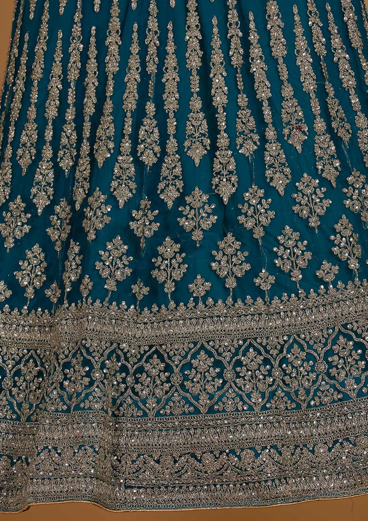 Turquoise Blue Zariwork Net Designer Semi-Stitched Lehenga - Koskii