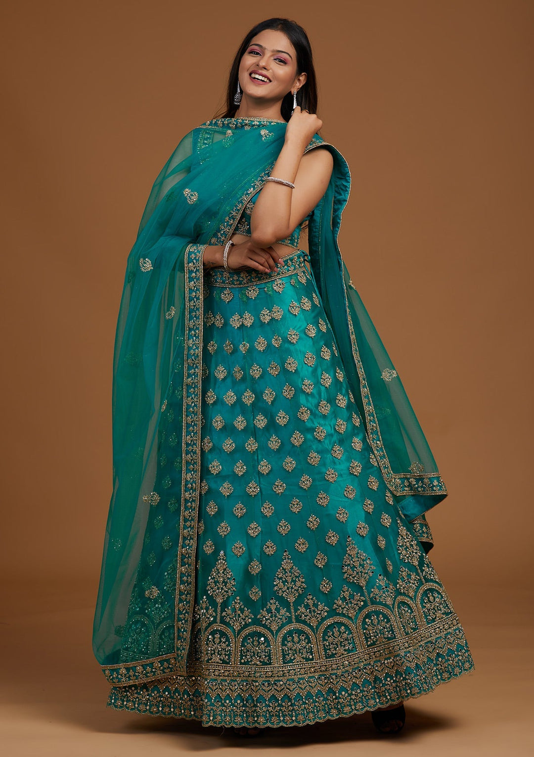 Turquoise Blue Zariwork Net Designer Lehenga-Koskii