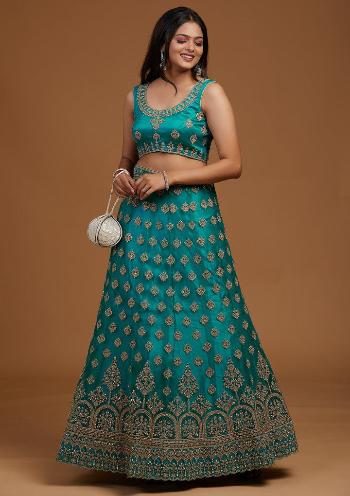 Turquoise Blue Zariwork Net Designer Lehenga-Koskii