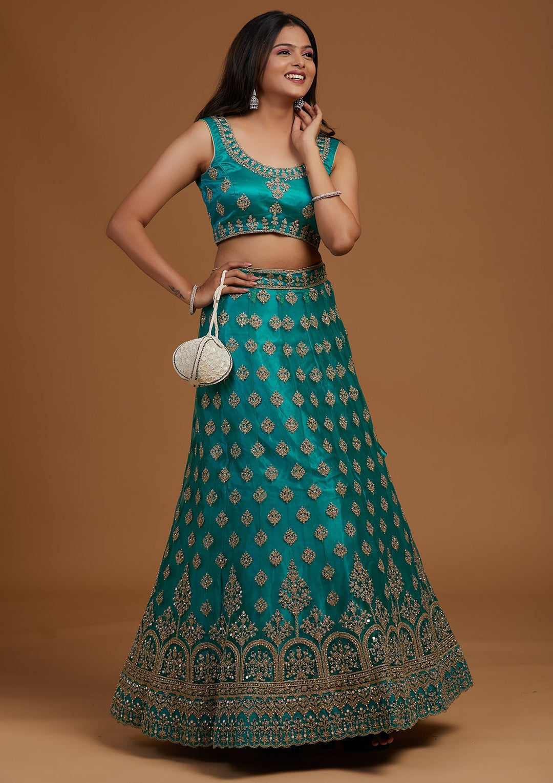 Turquoise Blue Zariwork Net Designer Lehenga-Koskii