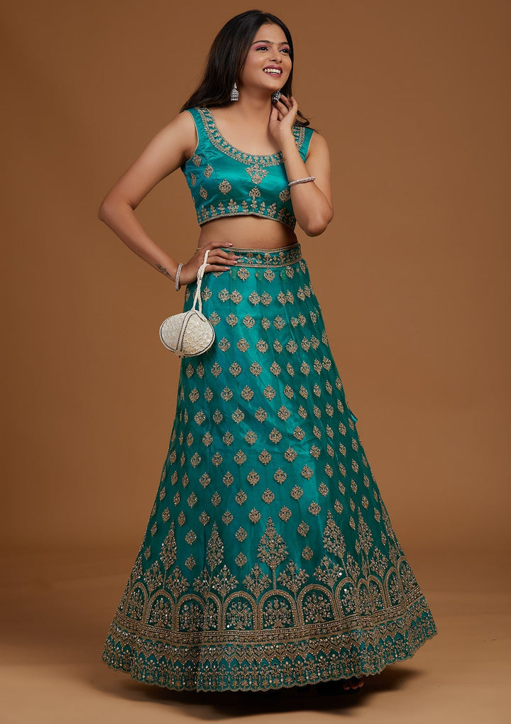 Turquoise Blue Zariwork Net Designer Lehenga-Koskii