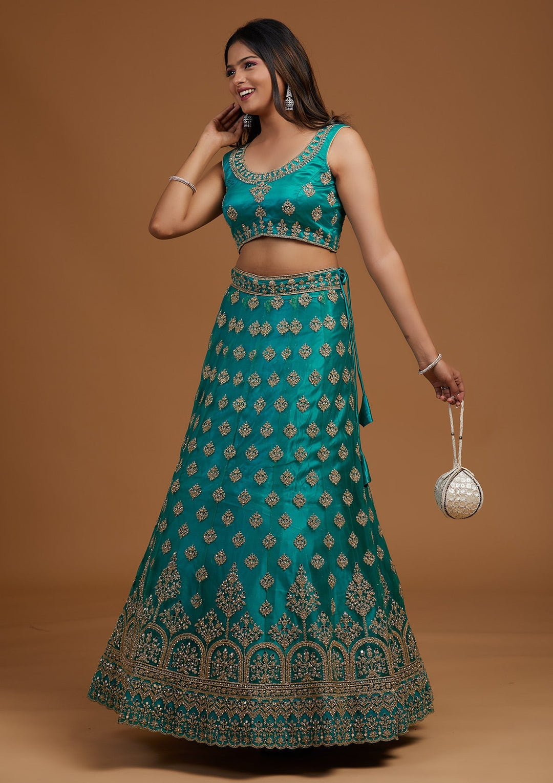 Turquoise Blue Zariwork Net Designer Lehenga-Koskii
