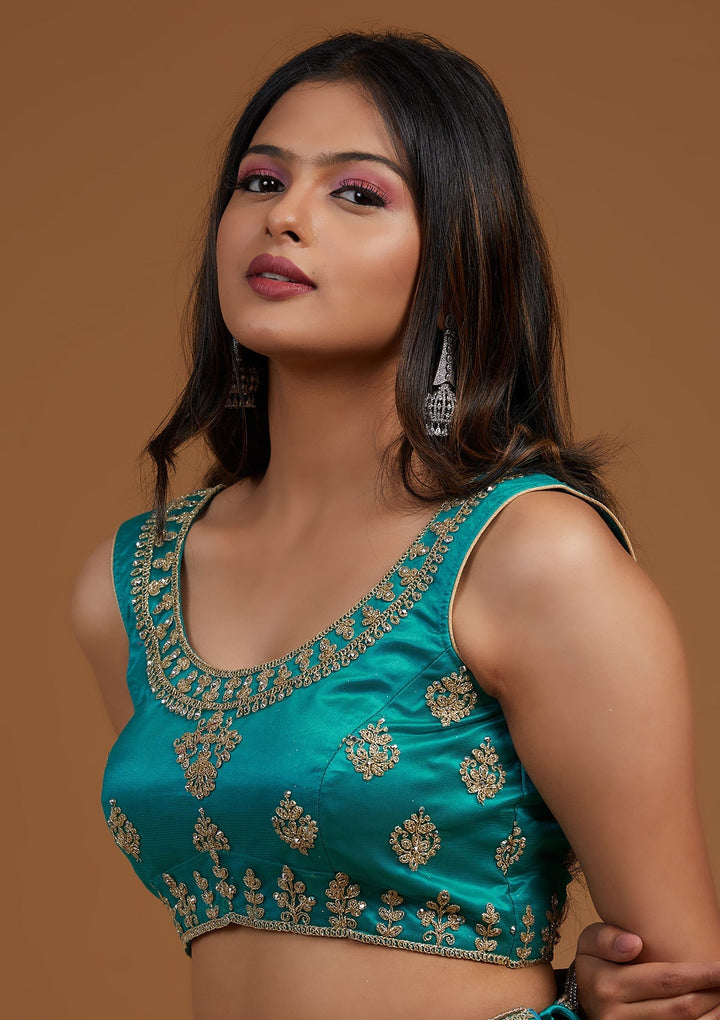 Turquoise Blue Zariwork Net Designer Lehenga-Koskii