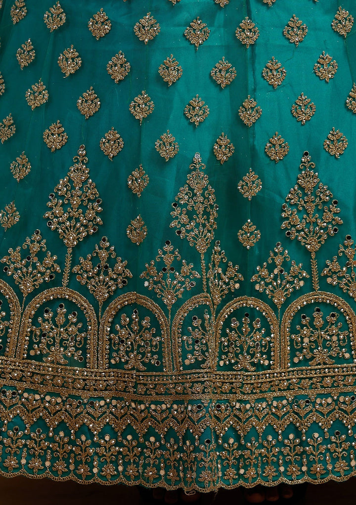 Turquoise Blue Zariwork Net Designer Lehenga-Koskii