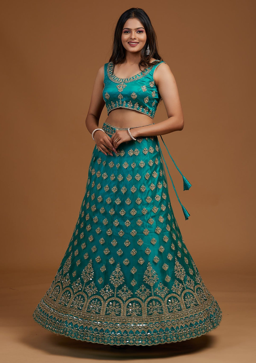 Turquoise Blue Zariwork Net Designer Lehenga-Koskii