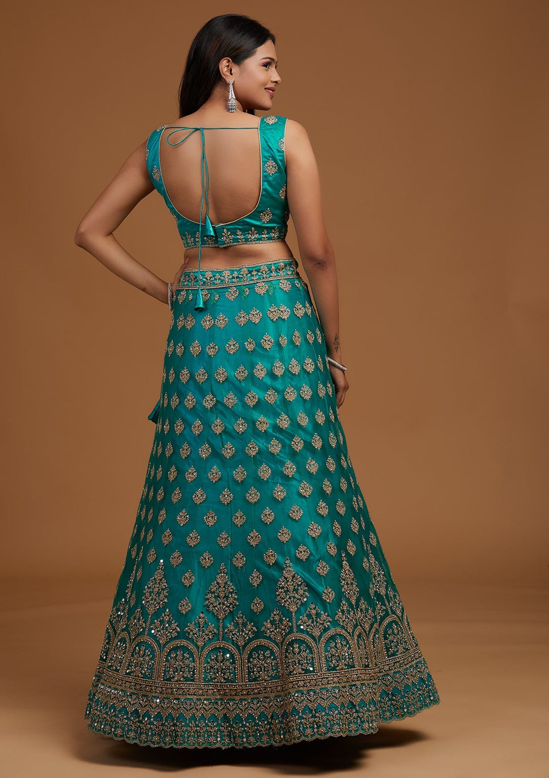Turquoise Blue Zariwork Net Designer Lehenga-Koskii