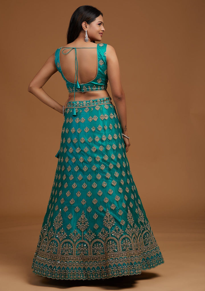 Turquoise Blue Zariwork Net Designer Lehenga-Koskii