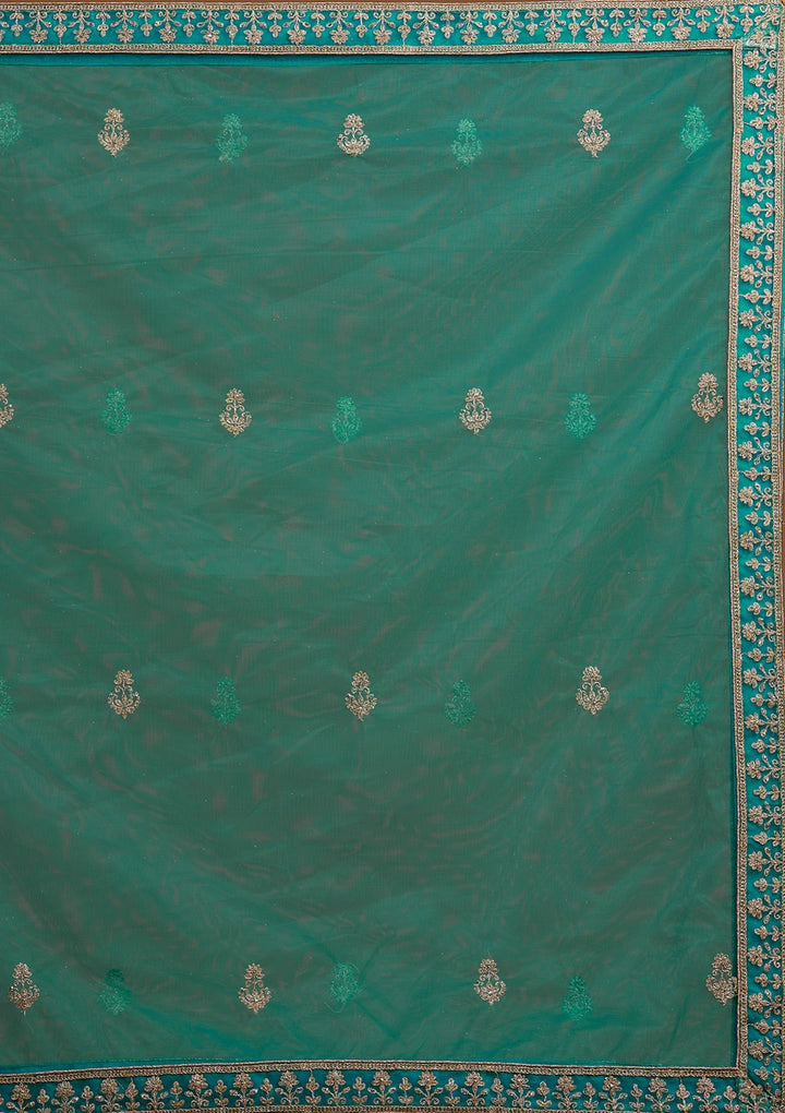 Turquoise Blue Zariwork Net Designer Lehenga-Koskii
