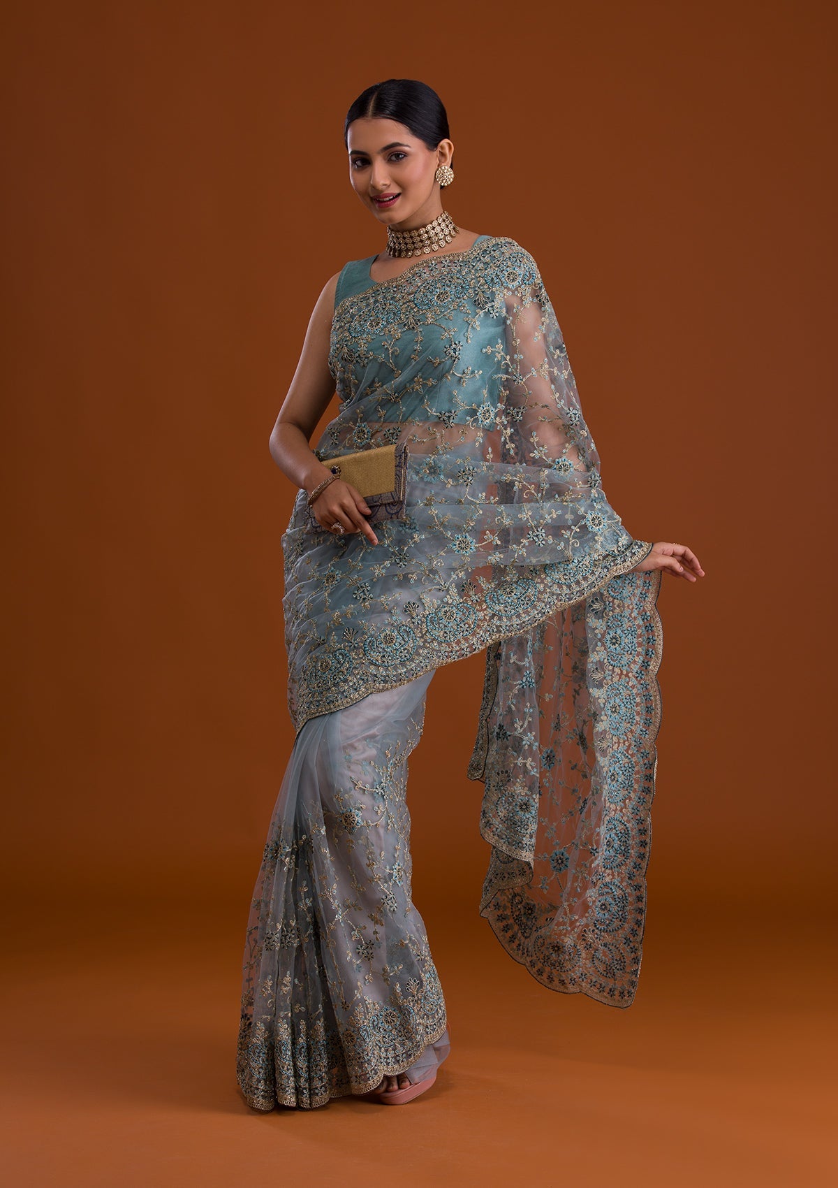 Turquoise Blue Zariwork Net Saree-Koskii