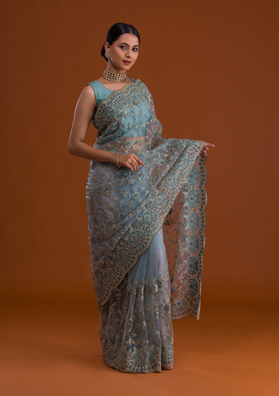 Turquoise Blue Zariwork Net Saree-Koskii