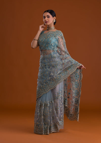 Turquoise Blue Zariwork Net Saree-Koskii