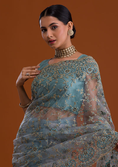 Turquoise Blue Zariwork Net Saree-Koskii
