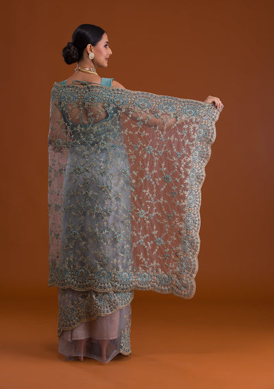 Turquoise Blue Zariwork Net Saree-Koskii
