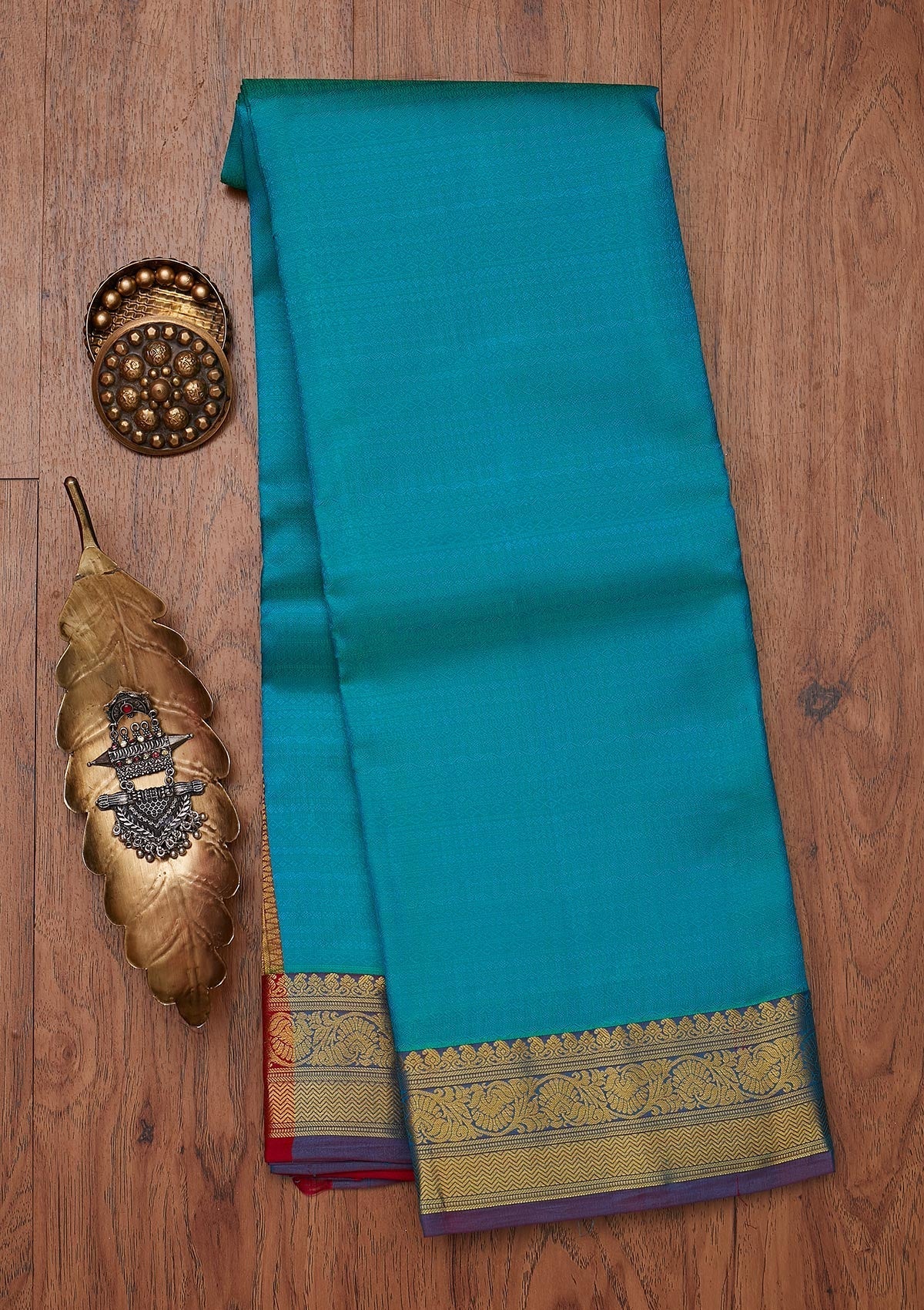 Turquoise Blue Zariwork Pure Silk Designer Unstitched Saree - Koskii