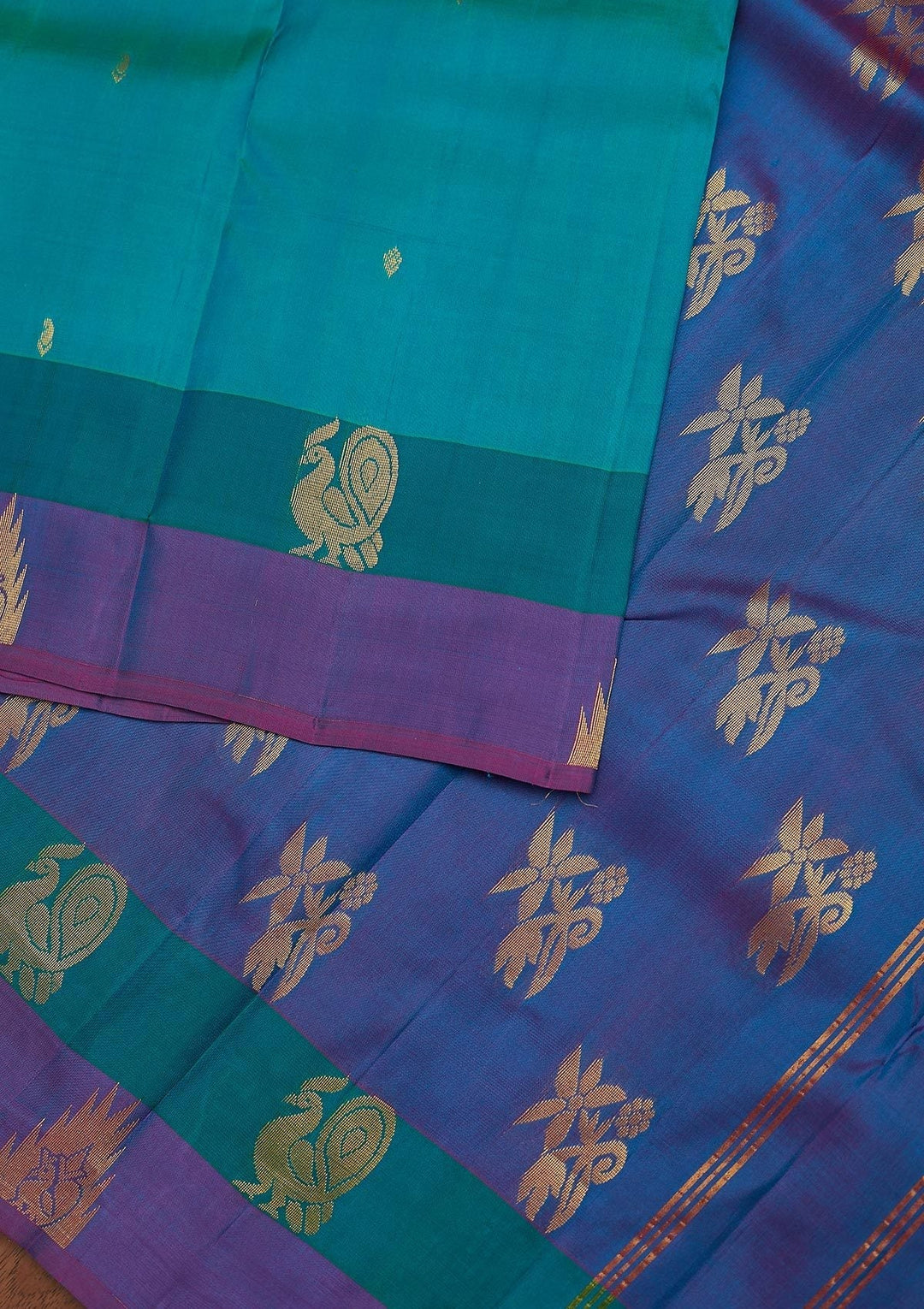 Turquoise Blue Zariwork Pure Silk Designer Unstitched Saree - Koskii