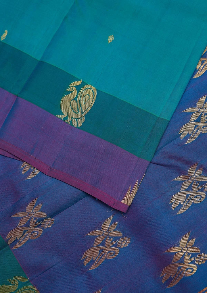 Turquoise Blue Zariwork Pure Silk Designer Unstitched Saree - Koskii
