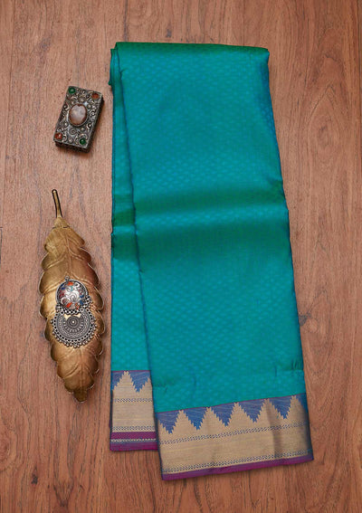 Turquoise Blue Zariwork Pure Silk Designer Unstitched Saree - Koskii