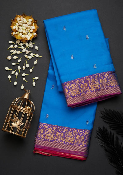 Turquoise Blue Zariwork Pure Silk Designer Saree - Koskii