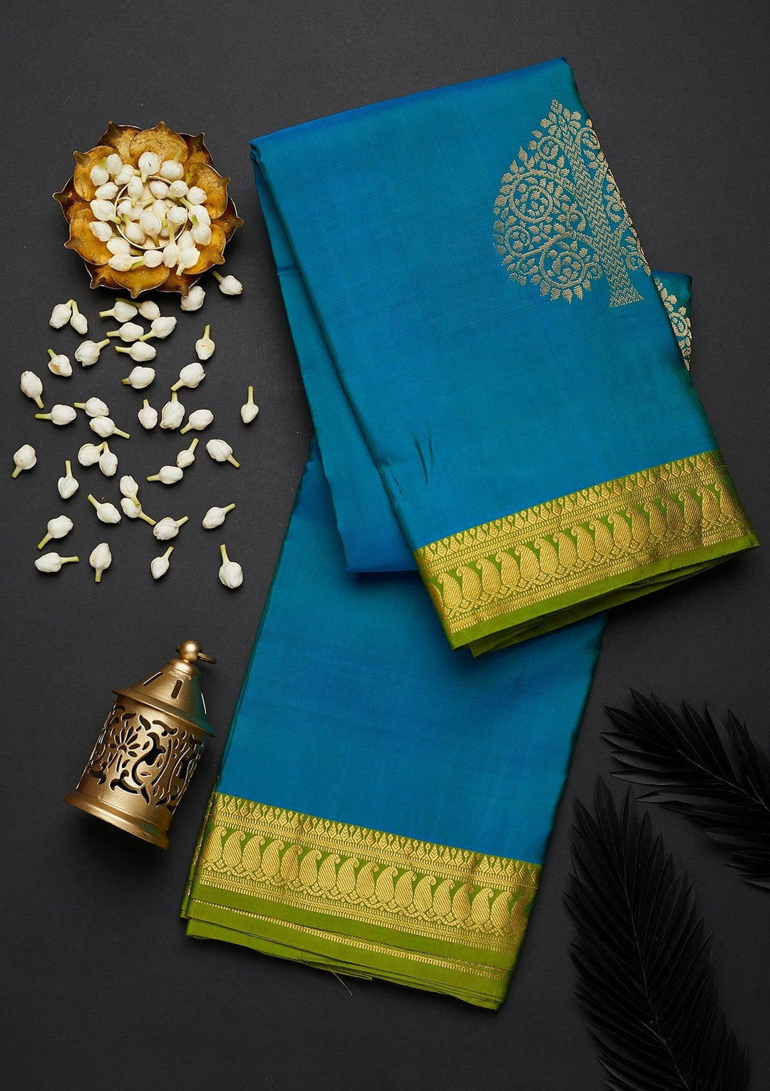 Turquoise Blue Zariwork Pure Silk Designer Saree - Koskii