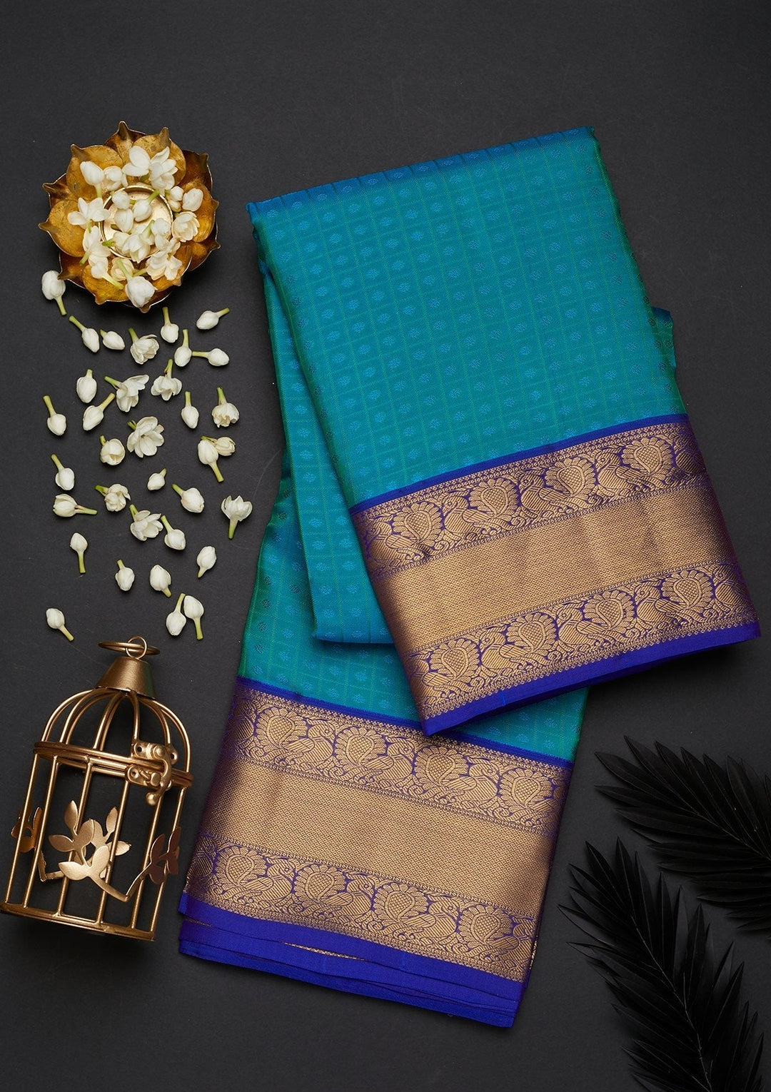 Turquoise Blue Zariwork Pure Silk Designer Saree - Koskii