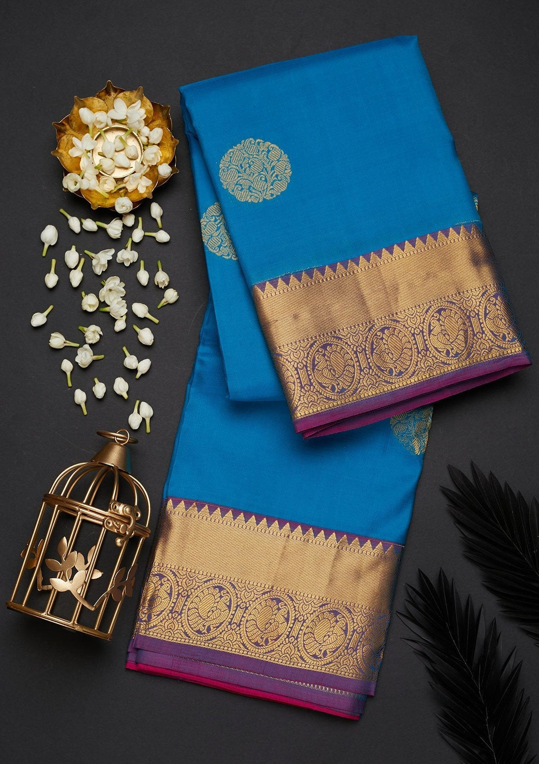 Turquoise Blue Zariwork Pure Silk Designer Saree - Koskii