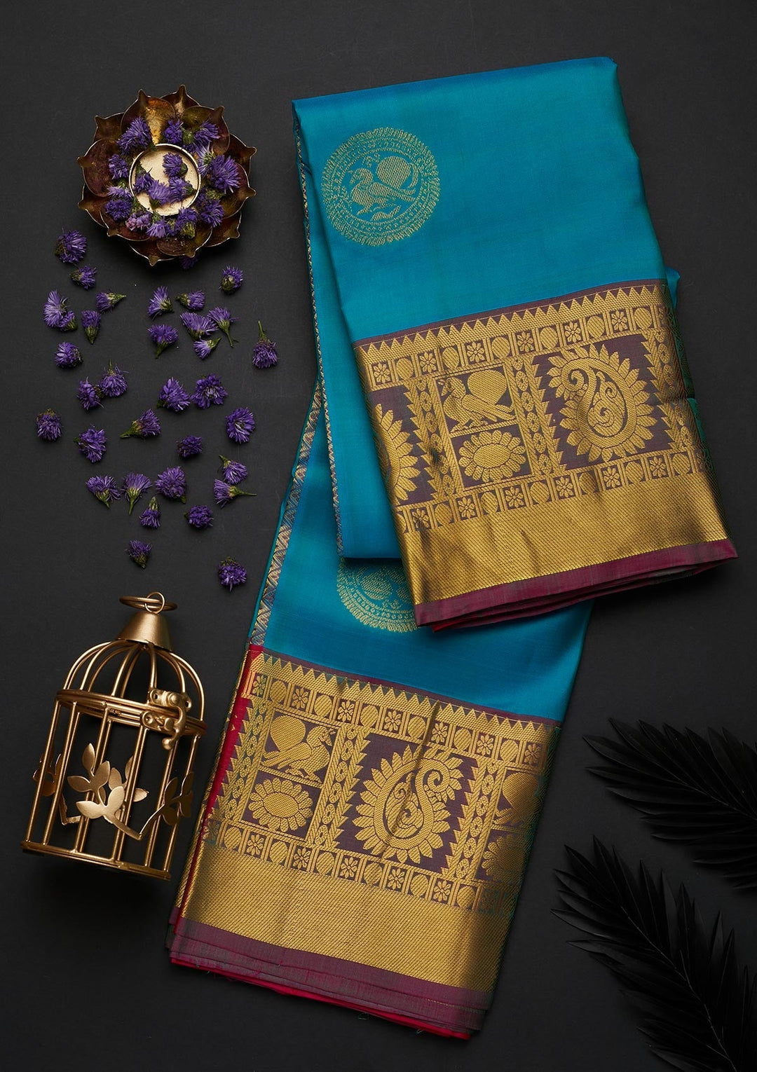 Turquoise Blue Zariwork Pure Silk Designer Saree - Koskii