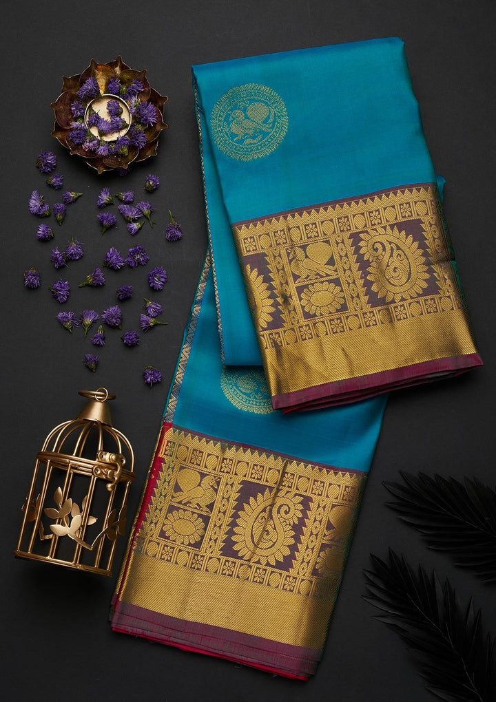 Turquoise Blue Zariwork Pure Silk Designer Saree - Koskii