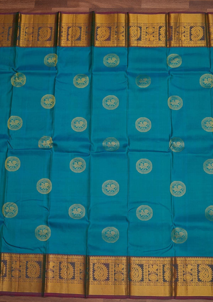 Turquoise Blue Zariwork Pure Silk Designer Saree - Koskii