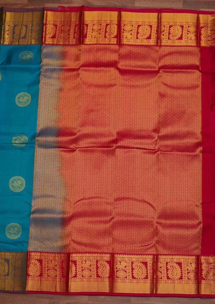 Turquoise Blue Zariwork Pure Silk Designer Saree - Koskii