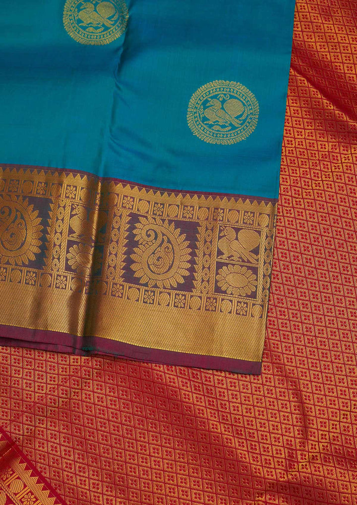 Turquoise Blue Zariwork Pure Silk Designer Saree - Koskii