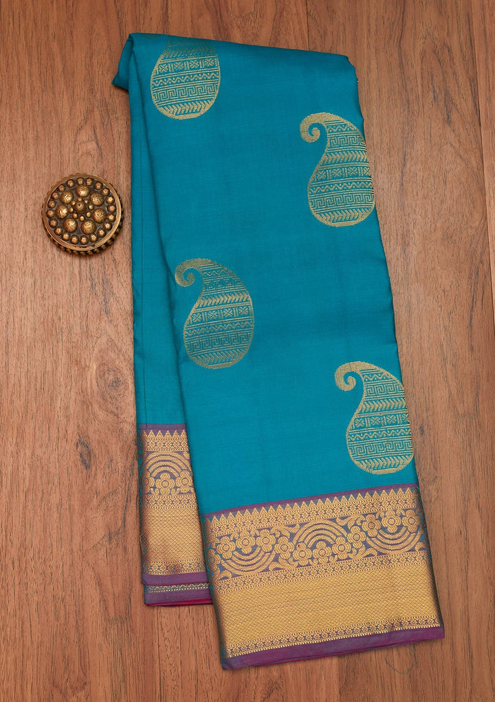 Turquiose Blue Zariwork Pure Silk Saree- Koskii