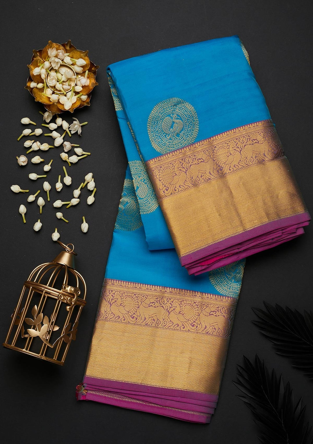 Turquoise Blue Zariwork Pure Silk Designer Saree - Koskii