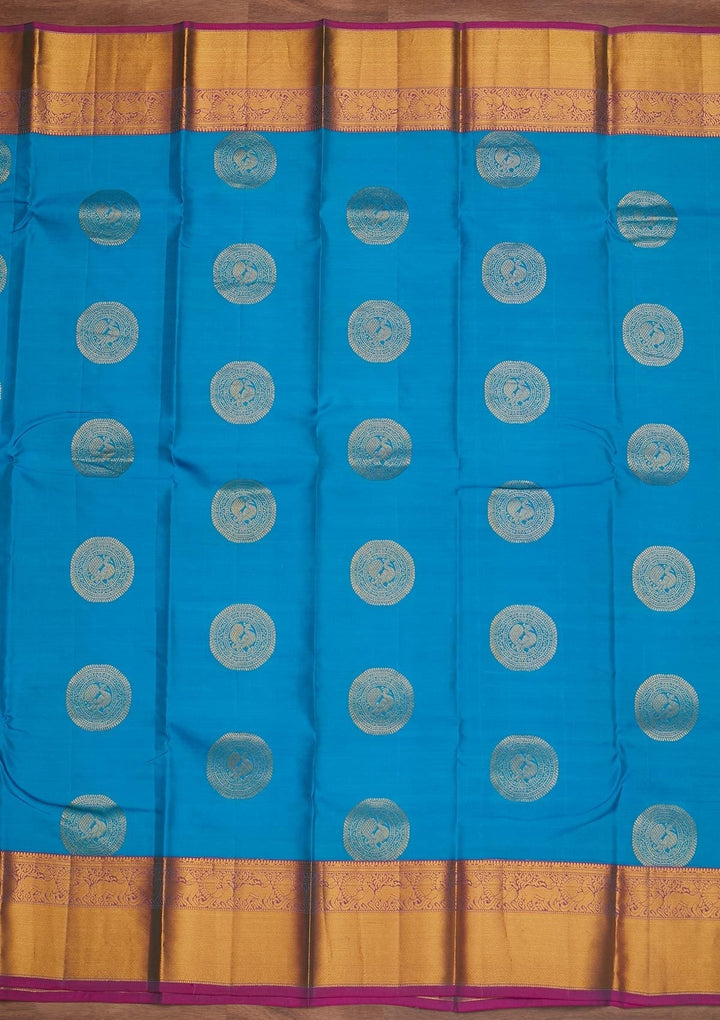 Turquoise Blue Zariwork Pure Silk Designer Saree - Koskii