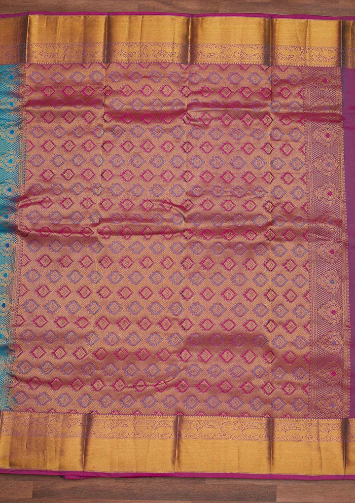 Turquoise Blue Zariwork Pure Silk Designer Saree - Koskii