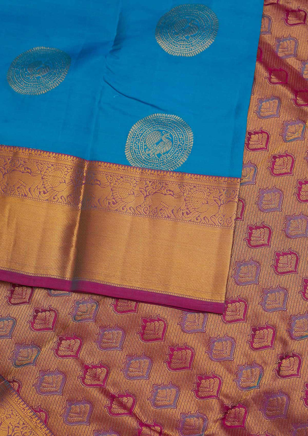 Turquoise Blue Zariwork Pure Silk Designer Saree - Koskii