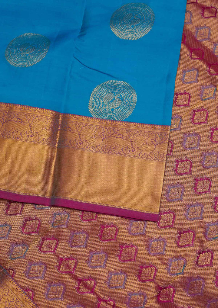 Turquoise Blue Zariwork Pure Silk Designer Saree - Koskii